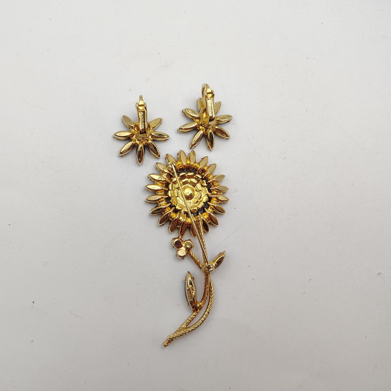 Napier Vintage Rhinestone Brooch and Clip Earring Set  Black Floral ...