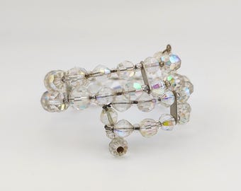 Vintage Aurora Borealis Spiral Bracelet AB Crystal Double Strand Memory Wire Dangle