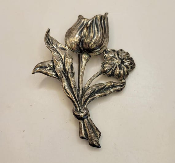 Danecraft Sterling Silver Vintage 3D Floral Pin Large Silver