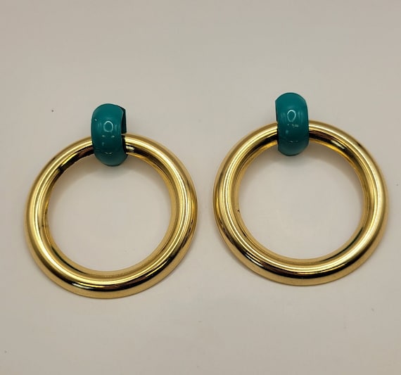 Retro Green Enameled Door Knocker Style Earrings … - image 1