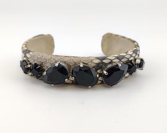 Vintage Ted Rossi Gray White Snake Print Black Rhinestone Jeweled Cuff Bracelet