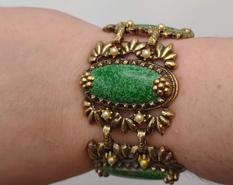 Baroque Inspired Chunky Metal and Green Enameled Petite Faux Pearl Bracelet- Vintage Wide Fantasy Bracelet- Vintage Costume Jewelry K#766