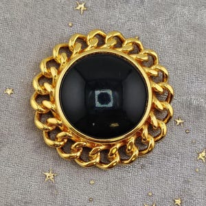 Iconic KJL Kenneth Jay Lane Brooch Pendant- Vintage Gold Tone Openwork Black Cabochon Statement Jewelry- Designer Convertible Pin K#996