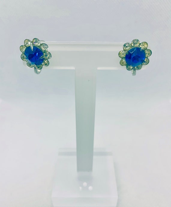 Vintage Royal Blue and Clear Rhinestone Earrings … - image 1