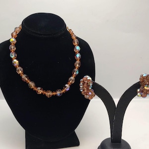 1950s Vintage Golden Brown Faceted Aurora Borealis Glass Bead Necklace and Clip On Earrings Matching Jewelry Set- Gift for Her K#1098