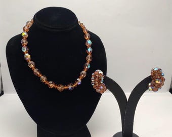 1950s Aurora Borealis Necklace and Clip On Earrings Set