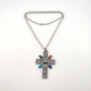 Vintage Signed Avon Ornate Cross Necklace- Large Silver Tone Colorful Statement Pendant image 2