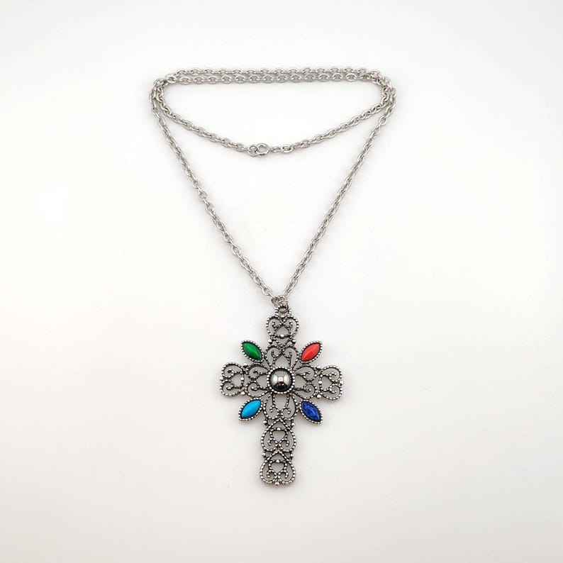 Vintage Signed Avon Ornate Cross Necklace- Large Silver Tone Colorful Statement Pendant image 2
