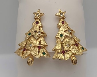 Vintage Gold Tone Textured Christmas Tree Clip Earrings with Red, White, and Green Rhinestones- Vintage Holiday Earrings- Gift for Her K#914