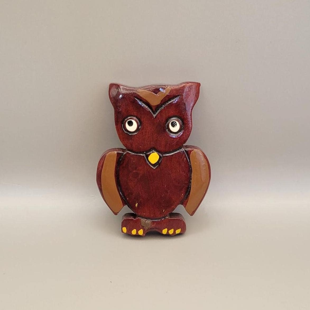 Vintage Hand Painted Wooden Owl Pin Artisan Handmade Boho Woodland Animal Brooch