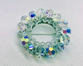 Vintage Sparkling Aurora Borealis Crystal Beaded Circle Pin Item K # 1277