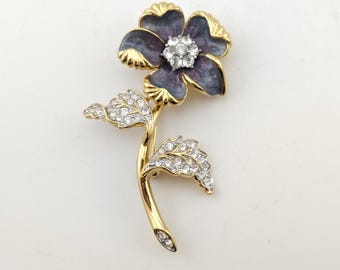 Vintage Nolan Miller Lavender Grey Enameled Crystal Flower Brooch Pin Collectible Designer Jewelry