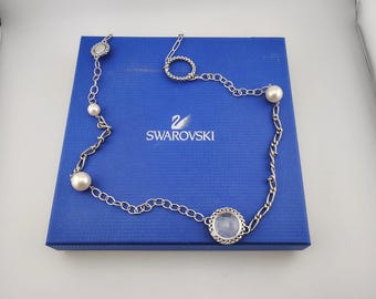 Vintage Swarovski Crystal & Faux Pearl Station Necklace Silver Tone Paper Clip Chain