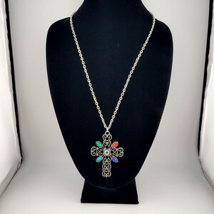 Vintage Signed Avon Ornate Cross Necklace- Large Silver Tone Colorful Statement Pendant image 4