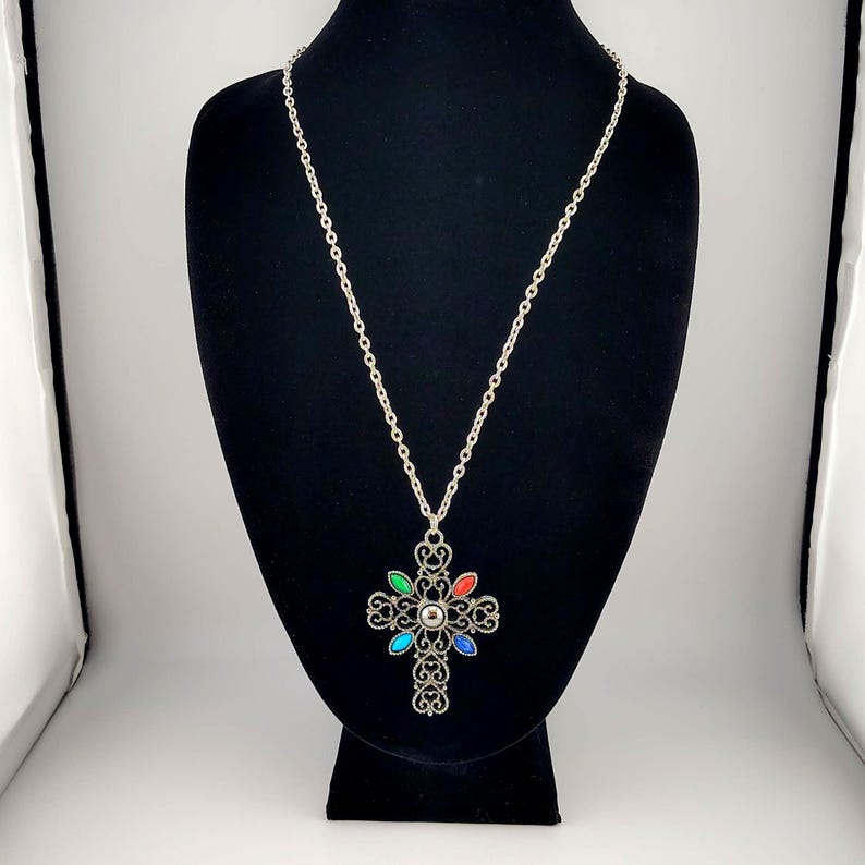 Vintage Signed Avon Ornate Cross Necklace- Large Silver Tone Colorful Statement Pendant image 4