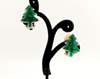 Vintage Sparkly Green Enameled Christmas Tree Clip-On Earrings