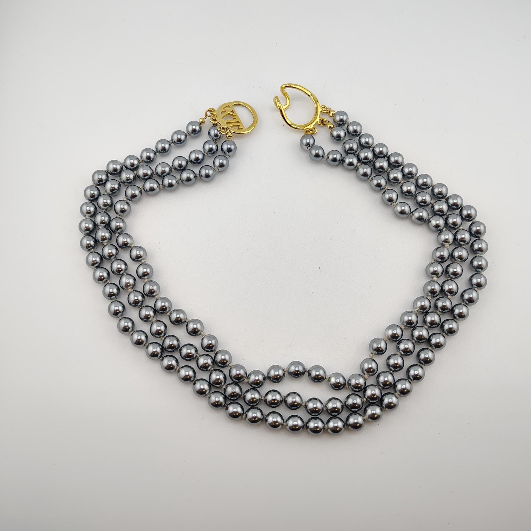 KJL Kenneth Jay Lane Faux Gray Pearl Triple Strand Necklace