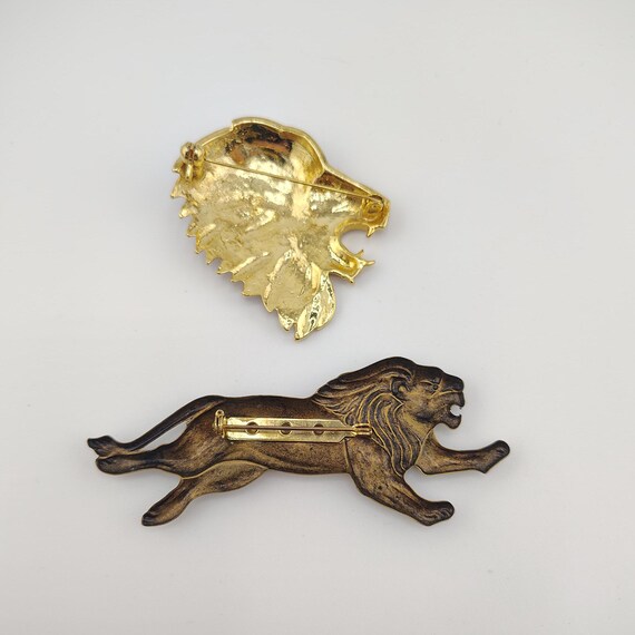 Vintage Lion Brooch Set – Enameled Head & Brass Lion View 2