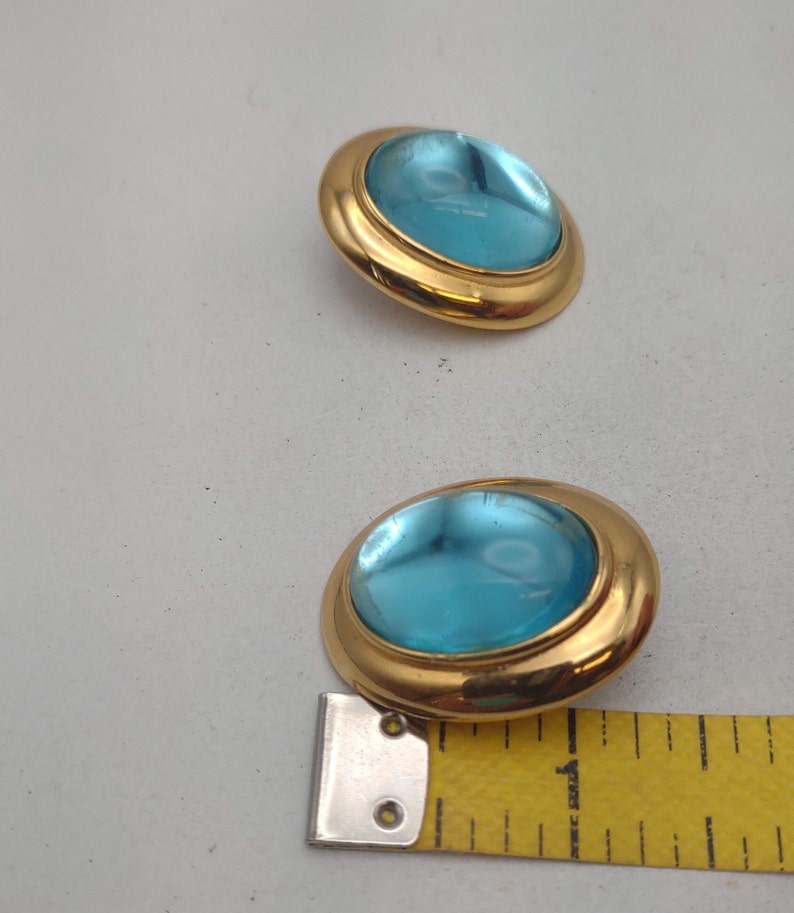 1990's Vintage Monet Oval Shaped Aqua Bauble Cabochon Clip Earrings ...
