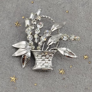 Vintage Sterling Silver Floral Basket Brooch- Clear Rhinestone Flower Pin- Elegant Sparkly Flower Bouquet Brooch- Gift for Her- K#431