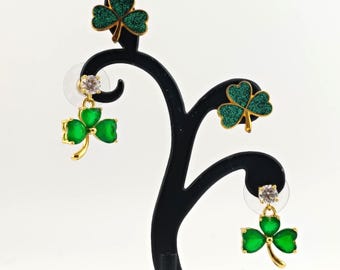 Vintage Shamrock Earrings Set 2 Pairs Glitter Enameled and Rhinestone Green Gold Tone