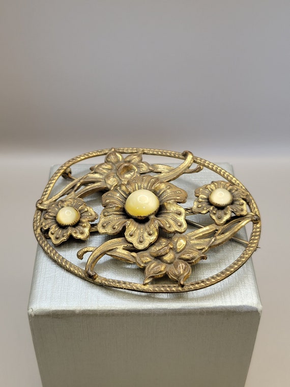 Antique Floral Pin with Pale Yellow Glass Stones- 