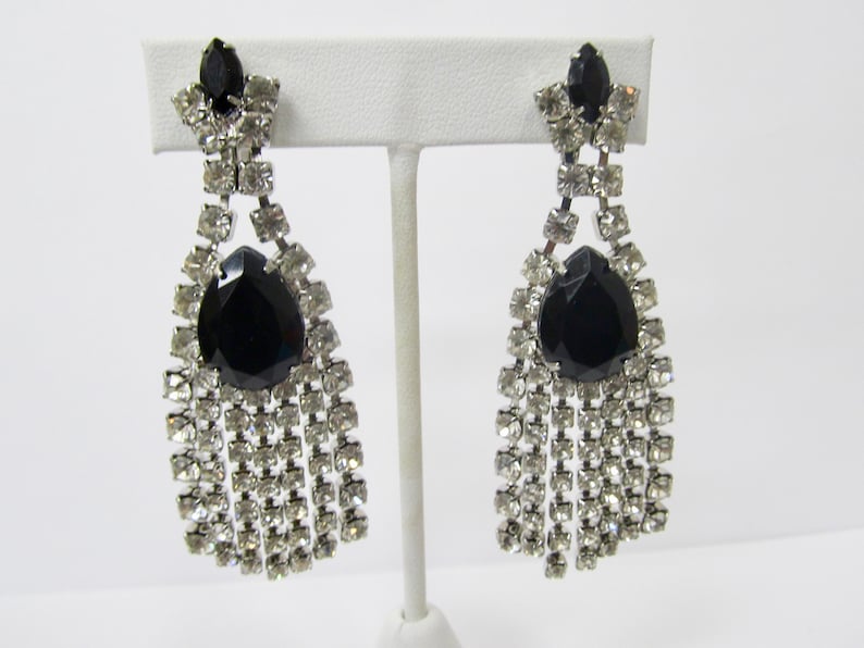 Vintage Long Prong Set Rhinestone Earrings Item K # 2438
