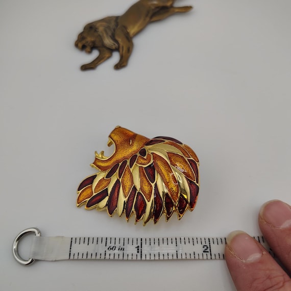 Vintage Lion Brooch Set – Enameled Head & Brass Lion View 6