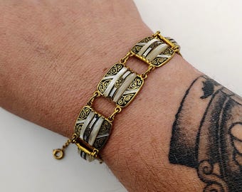 Vintage 1950s Damascene Enameled Link Bracelet Gold Tone Black Scrollwork