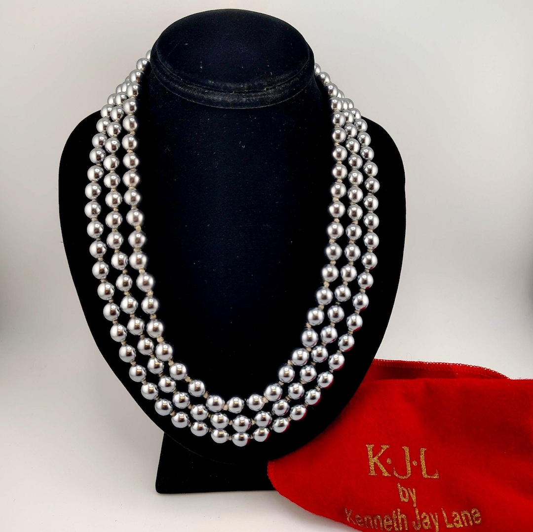 KJL Kenneth Jay Lane Faux Gray Pearl Triple Strand Necklace