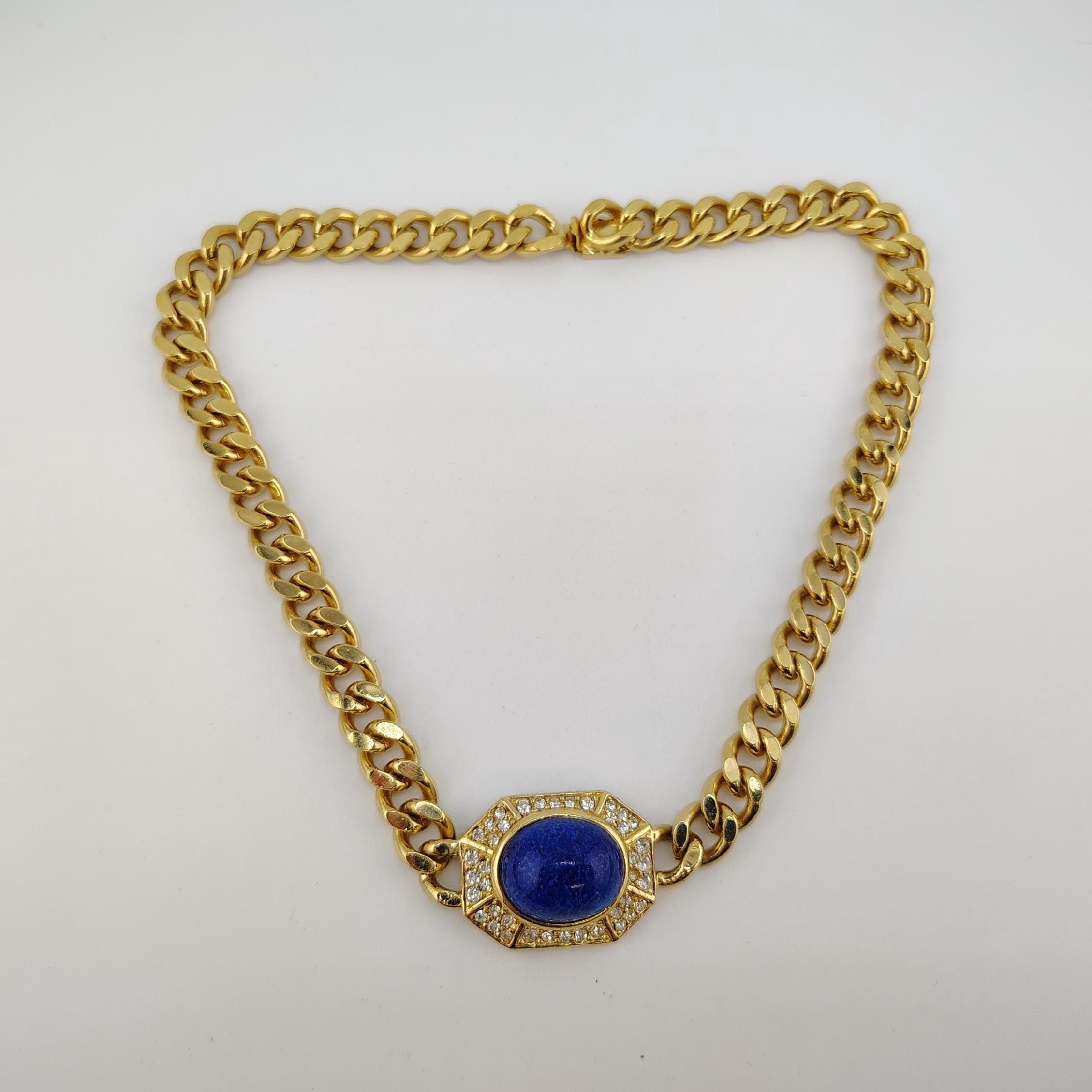 Designer Ciner Gold Tone Chunky Chain Necklace Blue Glass