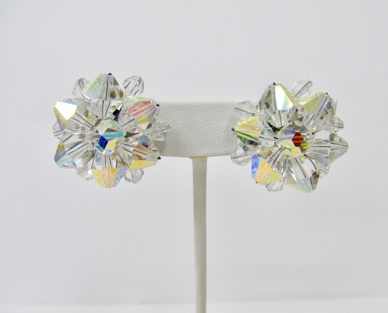 Vintage Sparkling Aurora Borealis Crystal Cluster Earrings Item K # 1690