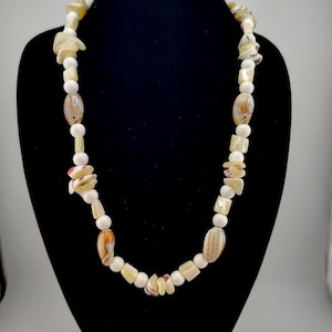 Coastal Shell, Mother of Pearl, White Bead Necklace- Beachy Boho Jewelry- Nautical Summer Accessory- Natural Shell Layering Necklace K#1099