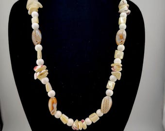 Coastal Shell Necklace: Mother of Pearl & White Bead Boho Jewelry