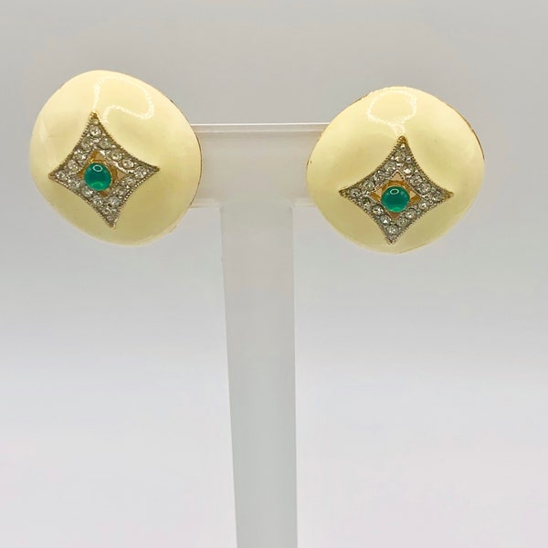 HOBÉ Enameled Dome Earrings, Green and Clear Stones, Clip on Earrings, Vintage Costume Jewelry, Item K # 2435