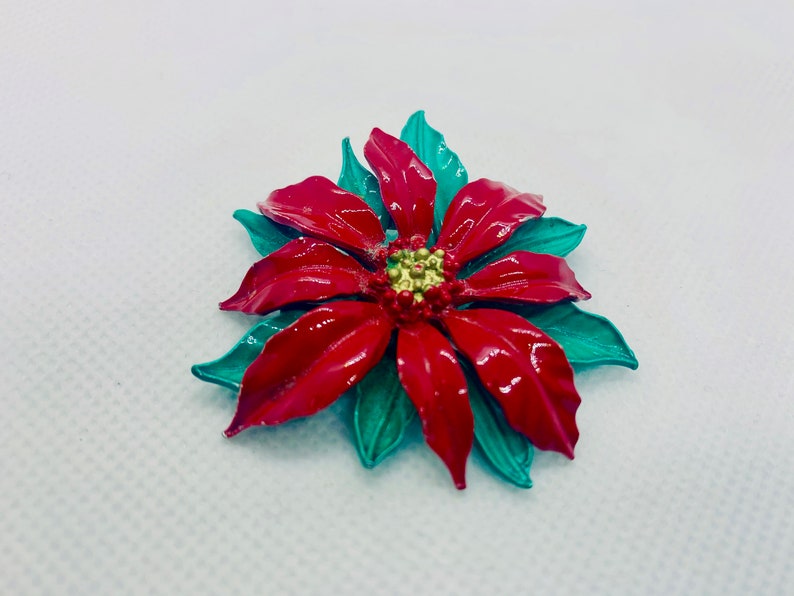 Vintage Enameled Christmas Poinsettia Pin Item K # 436