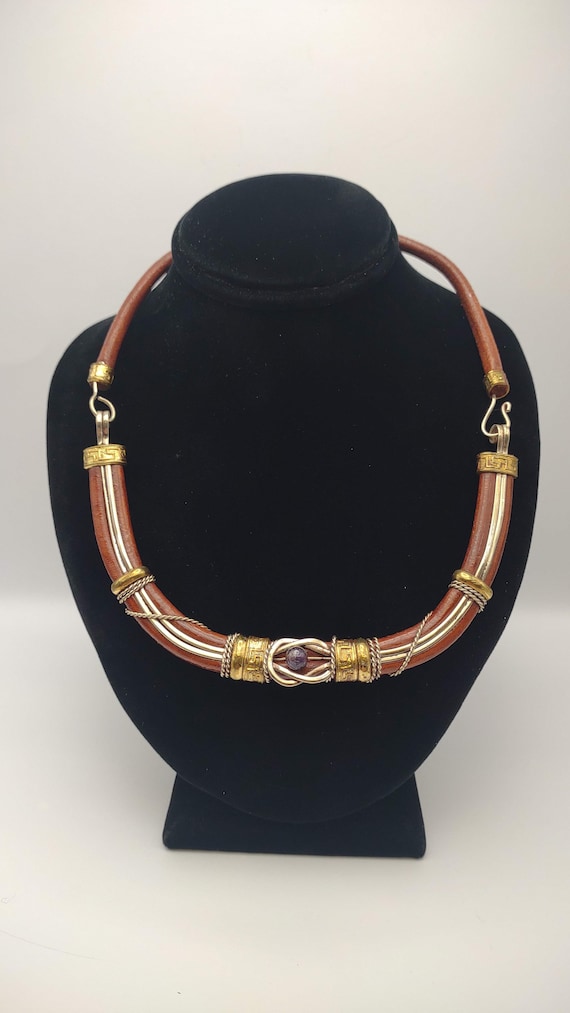 Brass and Silver Tone Accented Brown Leather Neckl