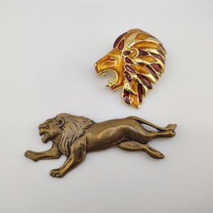 Fierce Roaring Lion Head Enameled Brooch and Lion On the Hunt Brooch Collection- Vintage Royal Lion Jewelry Gift K#1272
