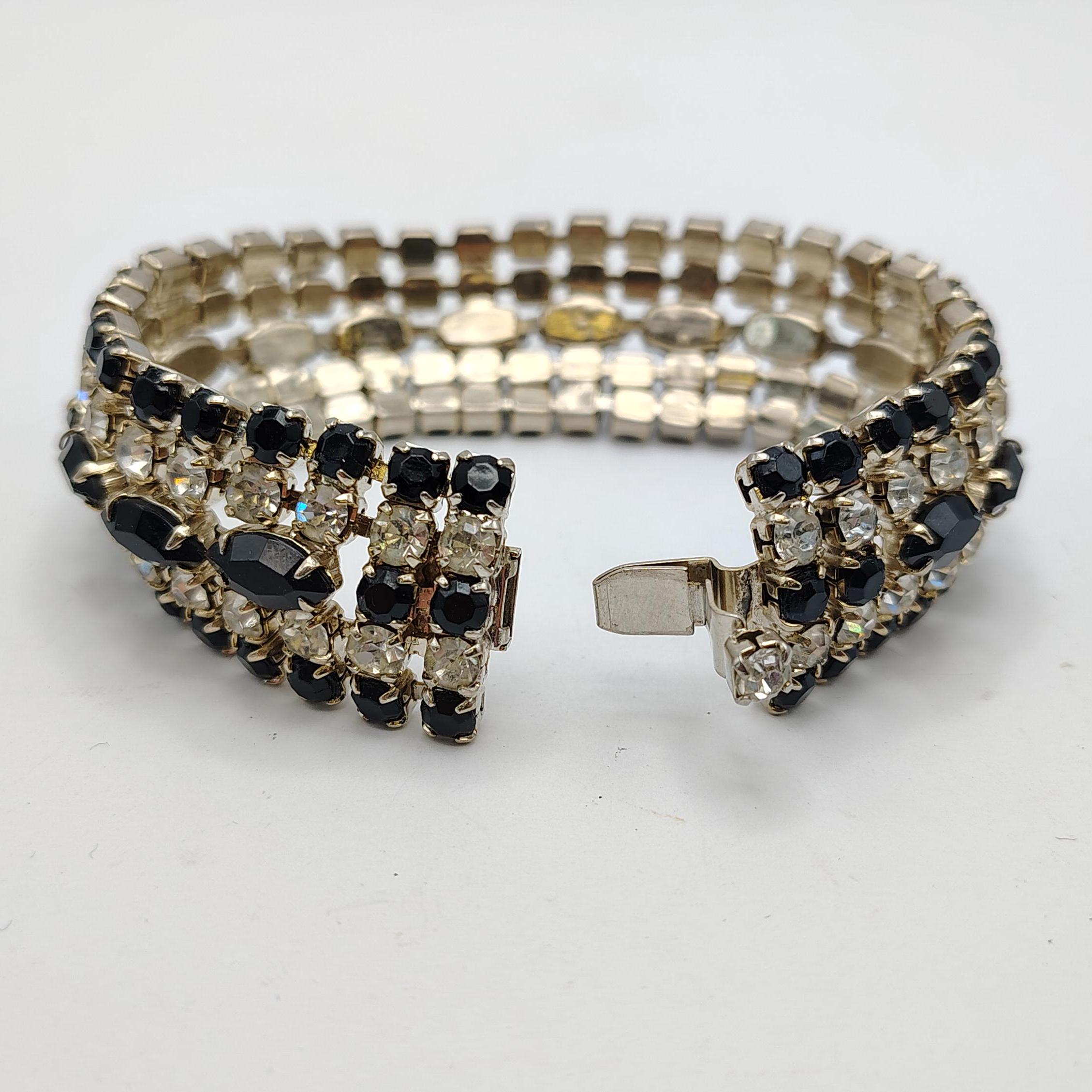 1950s Jet Black and Clear Crystal Rhinestone Prong Set Wide