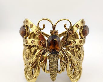 Vintage Chico’s Sparkling Rhinestone Butterfly Wide Cuff Bracelet Gold Tone Bold Statement Jewelry Gift