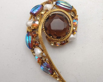 Vintage Florenza Spiral Floral Brooch Gold Tone AB Rhinestone Boutonniere Pin