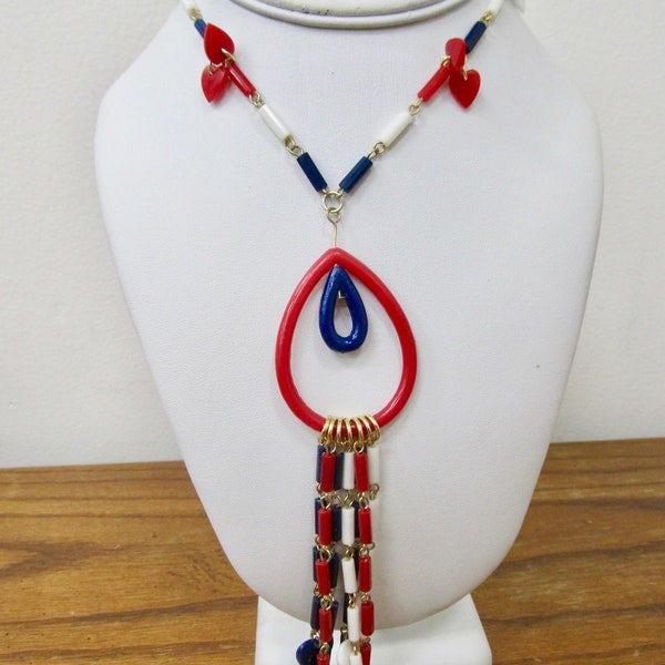 Vintage Red, White and Blue Plastic Dangle Necklace Item K # 823