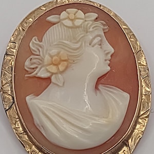 Antique 10k Gold Cameo Pin/Pendant - Carved Shell and Handmade Bezel Cameo Brooch Framed in 10kt Hand Etched Yellow Gold K#1818