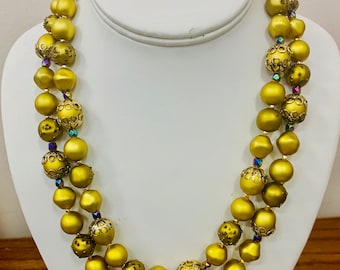 Matte Gold Tone Textured Beaded Double Strand Necklace Item K # 2526