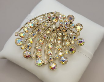 BSK- Vintage Iridescent Rhinestone Shell Design Pin- Fanned Out Rhinestone Brooch- Vintage BSK Jewelry- K#136