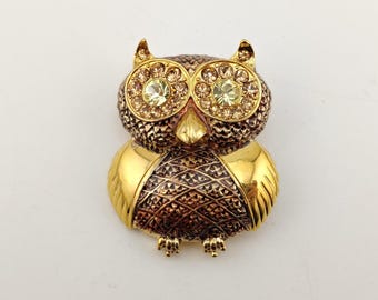 Vintage Signed Liz Claiborne Enameled Rhinestone Owl Brooch Gold Tone