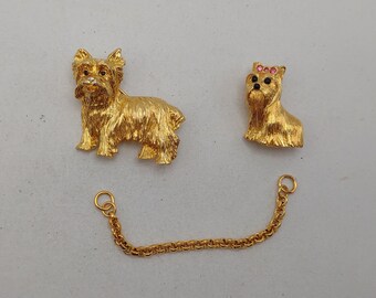 Vintage Designer Joan Rivers Detachable Double Yorkie Puppy Dog Pins- Animal Lover Gift- Yorkie Mom Brooches- Vintage Jewelry K#764