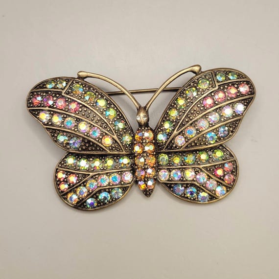 Broche Vintage Papillon Argenté Multicolore Avec Pierres - Bon état - Fabriqué En France