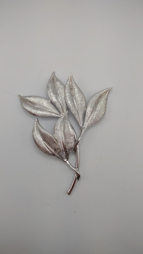 Emmons- Large Silver Tone Textured Leaf Brooch- Vi