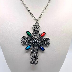 Vintage Signed Avon Ornate Cross Necklace- Large Silver Tone Colorful Statement Pendant image 12